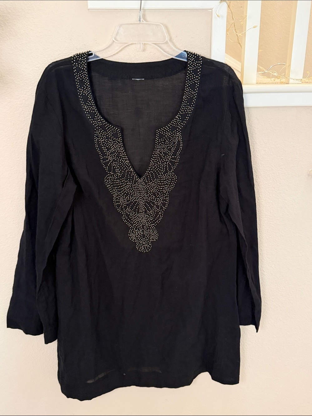 Black Embellished V-Neck Women's Coverup Tunic Top